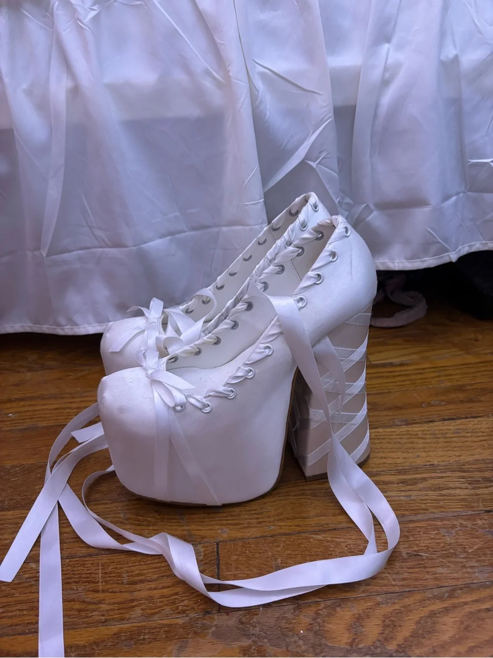 Sugar Thrillz White Satin Ribbon Lace-Up Platform Heels